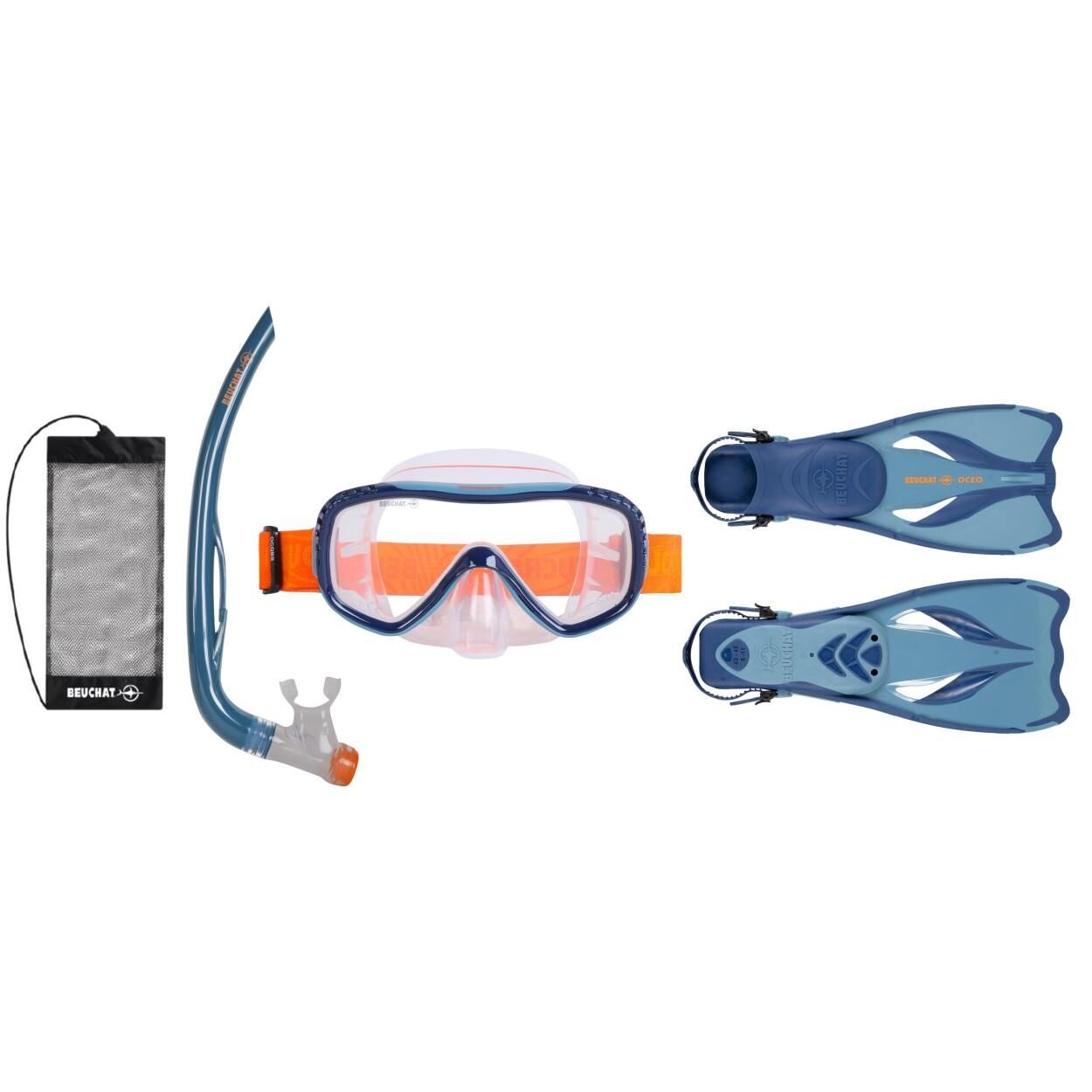 BEUCHAT SET PMS OCEO palet, maske, tahliyeli snorkel, Mavi Bahar